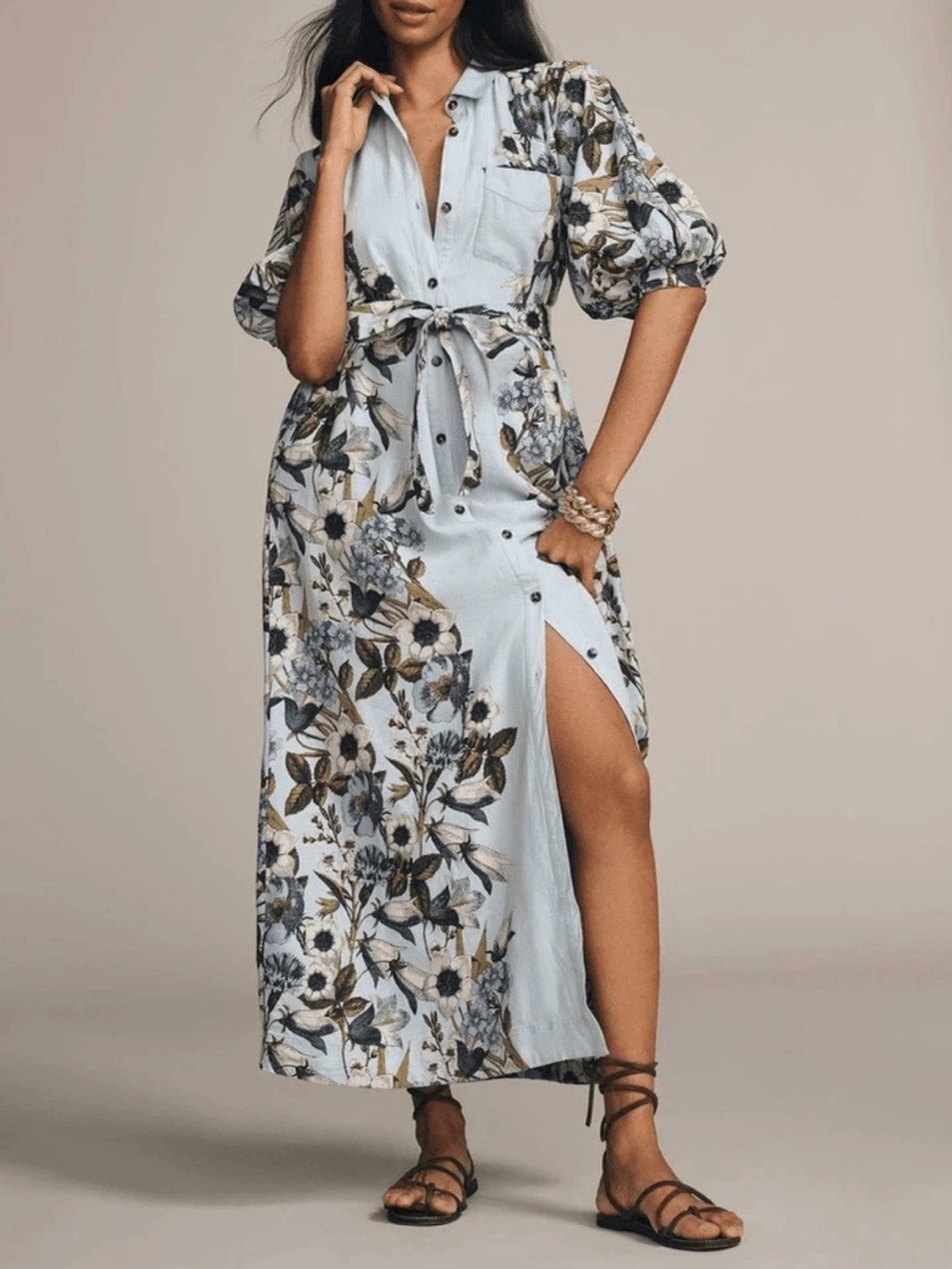 Maeve Light Blue Floral Button-Up Shirt Dress XS Petite